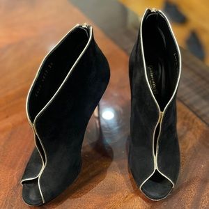 Black suede open toe bootie w/ heel and gold trim